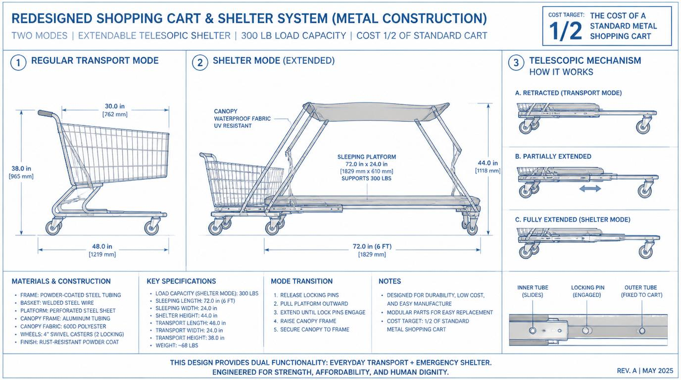 Engineering blueprint of the TREKK metal cart in transport mode and extended shelter mode
