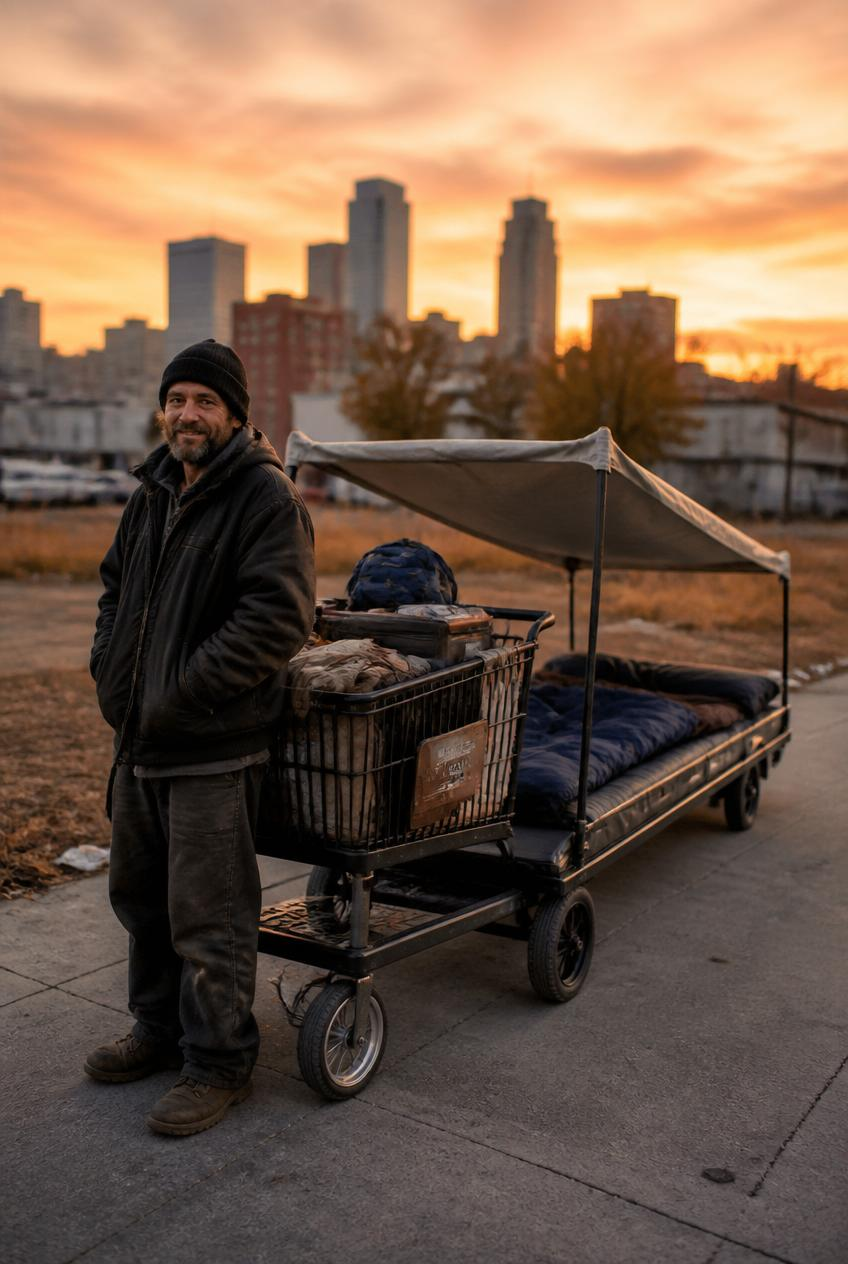 A man standing proudly beside his TREKK metal hope-cart at golden hour